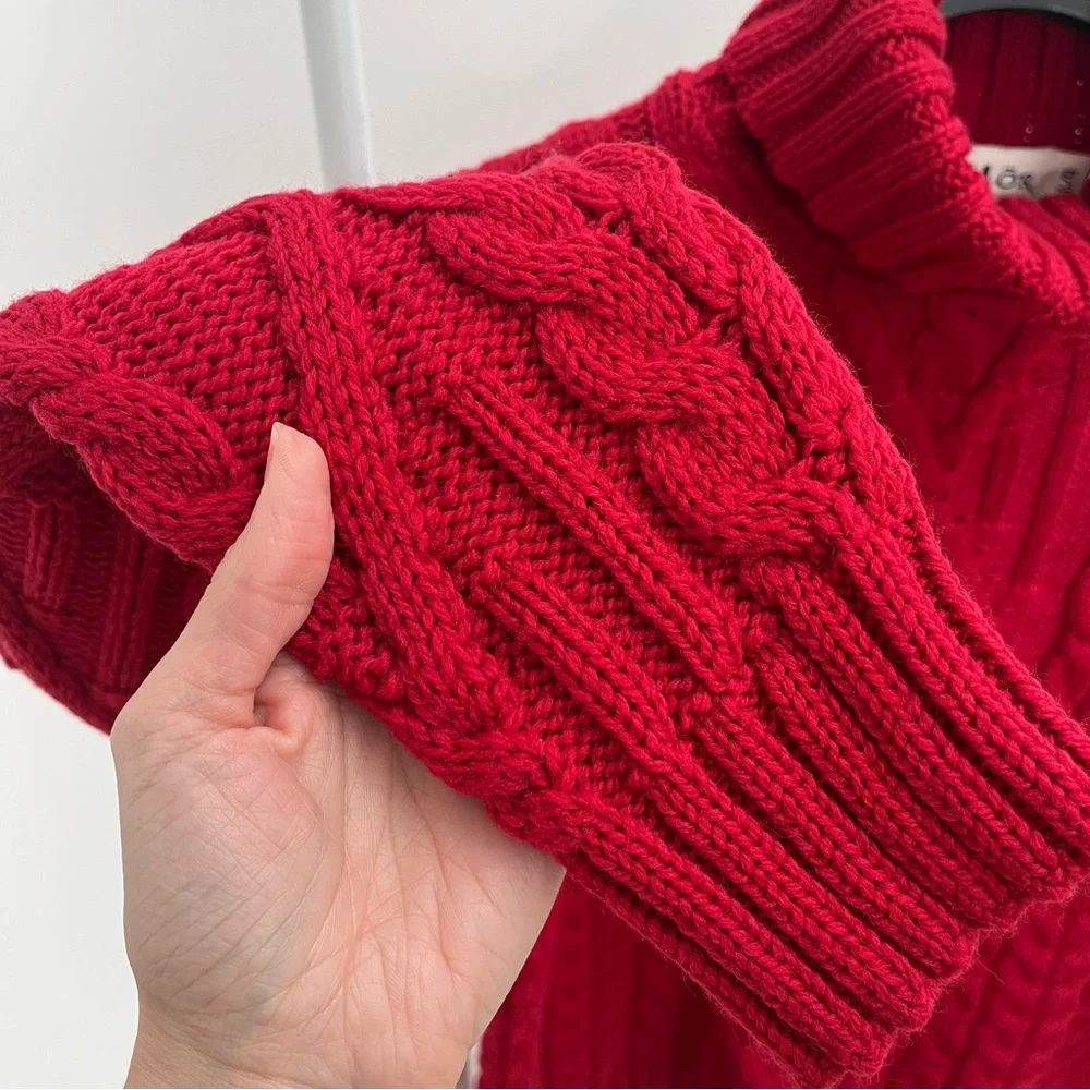 Aran Mor 100% merino wool traditional turtleneck sweater L cherry red NWT - Picture 3 of 10